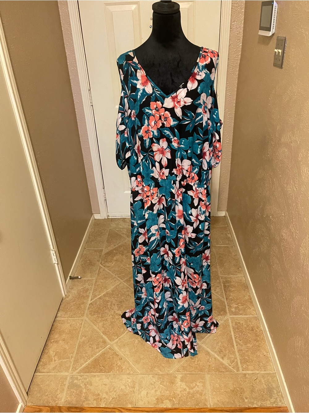 Teal Floral V-Neck Maxi Dress with Coral Accents